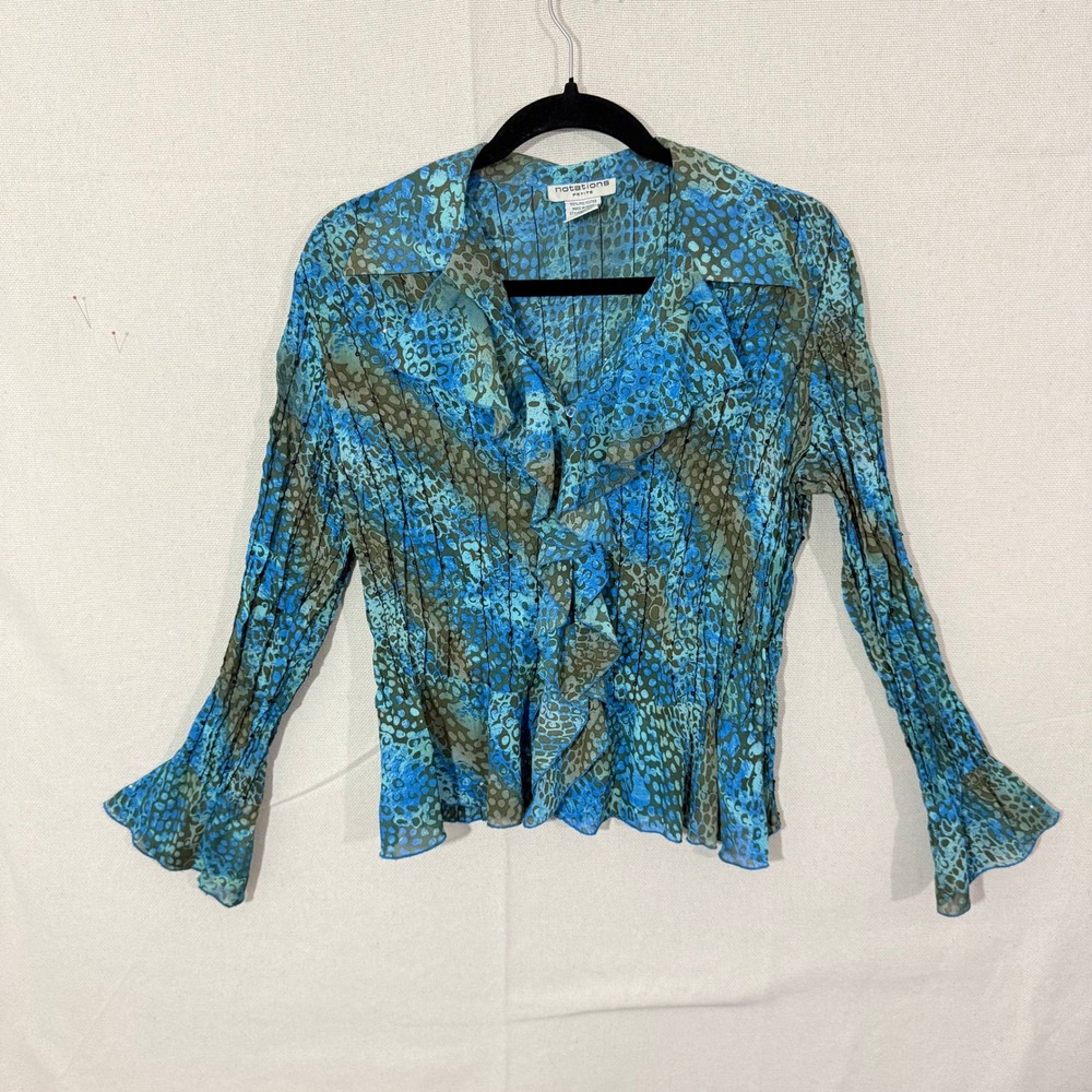 Notations Petite Blue Animal Print Ruffle Crinkle Blouse PM PCP80003